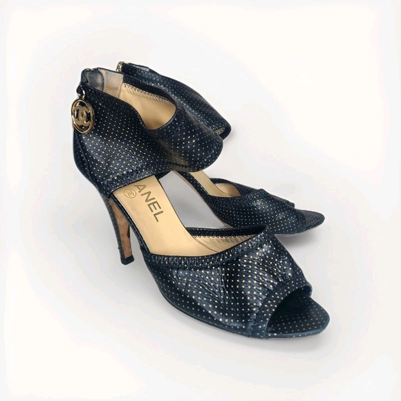 CHANEL Shoes - Chanel Black Leather Metallic Polka Dot Peep Toe Sandals Back Zip 36.5 US 6.5